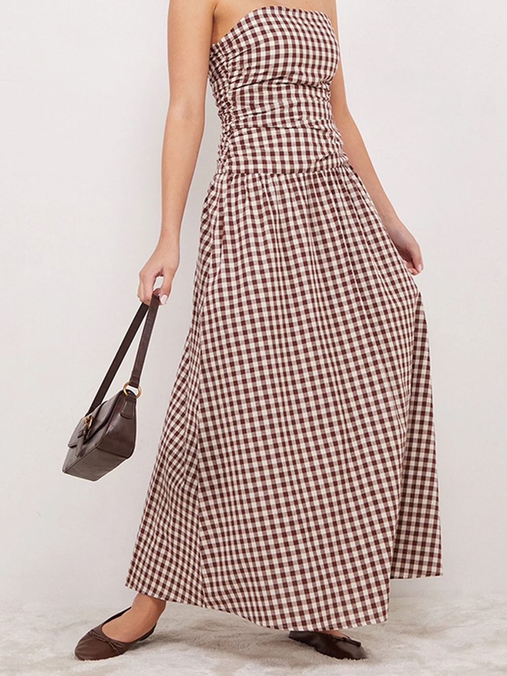 Pacsun Brown and White Gingham Strapless Maxi Dress - Picture 2 of 6